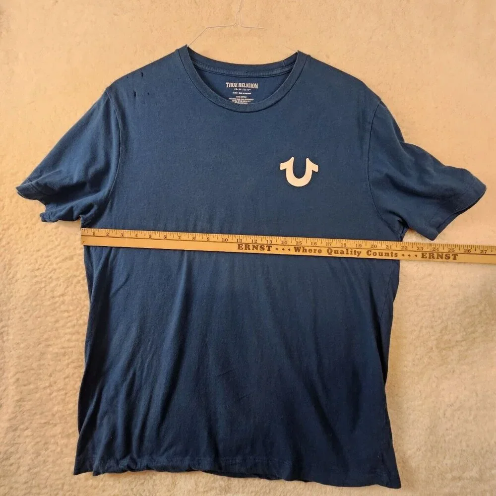 True Religion T Shirt Men's XL Navy Blue Short Sleeve Buddha Damaged Project Tee